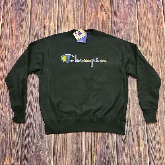 Champion Sweatshirt Mens Large Reverse Weave Black Multicolor Pullover Loose Fit - Picture 1 of 10